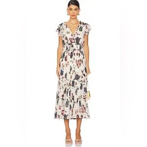 BB Dakota Pink and White Floral Midi Dress Gold Accents Size Small